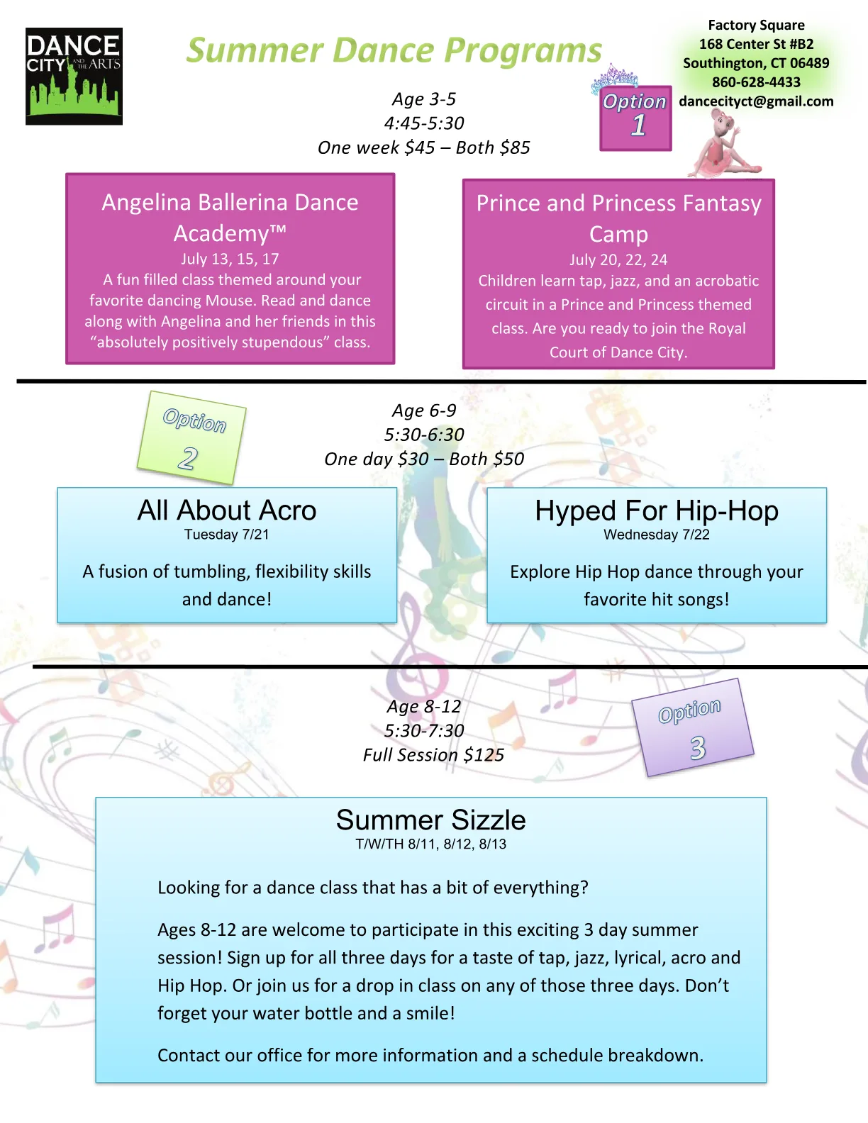 DCA Summer Dance Programs 2026 — flyer for our summer dance camps and classes